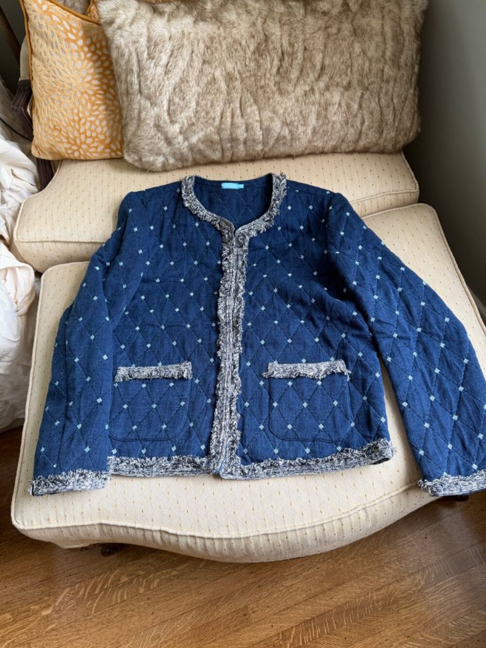 J. McLaughlin Denim Quilted Blazer with Fringe Trim Medium